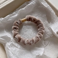Champagne velvet scrunchie hair tie with elegant gold tube connector accessory - Light Coffee