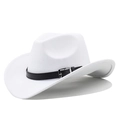 Detail of white felt cowboy hat featuring a black faux leather belt and silver buckle - White