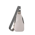 Minimalist beige pebble leather chest bag with chic black and white striped woven strap - Gray
