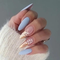 Blue matte press-on nails with gold foil and white leaf patterns in long almond shape - Matte Blue Leaf Gold Foil Style (JP1686)