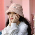 Pink plush teddy ear bucket hat in soft faux fur for winter warmth and sweet style - Pink Lamb Wool Bucket Hat
