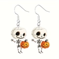 Detail showing a cute cartoon skeleton holding a pumpkin lantern on acrylic earrings - Skeleton Pumpkin