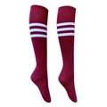 Knee-high wine red football socks with three white stripes in a flat lay view - Wine Red White Edge
