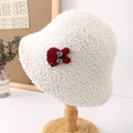 Cute white sherpa bucket hat for women with a plush bunny and red bow detail - M (56-58cm) / Red Rabbit Patch Style / Beige