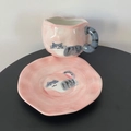 Irregular pink ceramic coffee cup and saucer set with hand-painted grey striped cat pattern - Pink Cat Cup & Saucer