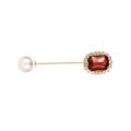 Elegant gold pin featuring a rectangular red crystal, rhinestone halo and white pearl - Burgundy