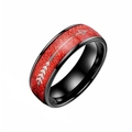 Close-up of black stainless steel ring featuring red texture inlay and silver arrow pattern - US 10 / Red