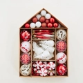 70pcs red and white Christmas ball set with reindeer patterns in house box - Red and White