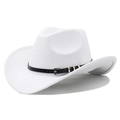 Classic white wool felt western cowboy hat featuring black leather band and gold buckle - M (56-58cm) Adjustable / White