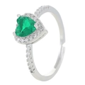 Adjustable silver ring with heart-shaped green zircon and sparkling paved stones - Open Ring (N-898) / Green Heart