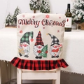 Weihnachts-Stuhlbezug mit drei Gnomen und rot-schwarzem Karosaum für das Esszimmer - Karierter Hut Wichtel Stil (H-YT81)
