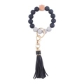 Black and grey silicone bead wristlet keychain with wooden bead and leather tassel - Black