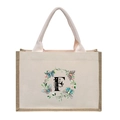 Linen canvas tote bag with Jute trim and floral letter F print in pink handles - Butterfly Floral Letter F