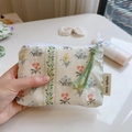 Handheld floral cotton mini storage bag with blue and green prints and zipper closure - Light Green Striped Floral