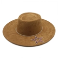 Bruine imitatiesuède hoed met brede rand, strass ster badge en glinsterende kristalband - M(56-59CM) / Khaki