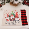 Christmas gnome linen placemat with Joy to the World text and red black plaid detail - Gnome with Striped Hat (J-CZ66)