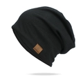Slouchy black waffle knit beanie for women with a brown faux leather thinking pi patch - One Size / Black