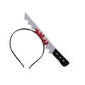 Halloween headband featuring a silver cleaver knife with red blood splatters and black base - Saw Headband