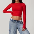 Slim fit red long sleeve crop top yoga shirt for women in a vibrant solid finish - S / Red