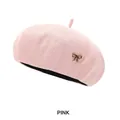 Chic pink wool beret for women with a small golden bow decorative metallic clip - M (54-58cm) / Pink