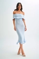 Detail of light blue off-shoulder knitted dress showing ruffled neckline and hem texture - S / Light Blue