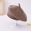 Detailed knit texture of brown wool beret with honeycomb pattern and top stem detail - 1-3 Years / Coffee
