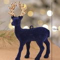Blue flocked Christmas reindeer ornament with gold glitter antlers and 13cm height - 13cm Blue Reindeer