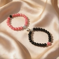 Magnetic attraction bracelet set for couples with pink and black beads and heart charm - Pink Strawberry Style Bead & Black Matte - Magnetic Heart