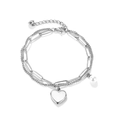 Double-layered silver titanium steel pearl bracelet featuring a heart-shaped charm and chain - Steel