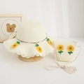 Dettaglio cappello in paglia e borsa con ricamo girasole e bordo in pizzo delicato - Taglia Bambini 52cm Circonferenza / Set Cappello + Borsa Bianco Crema