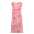 Pink floral print strapless bodycon dress with side ruching and flattering midi length - XS / Pink