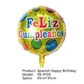 Detailed view of 18 inch Feliz Cumpleaños gold foil balloon with colorful dots and stars - Round Gold Background Balloon Spanish Birthday
