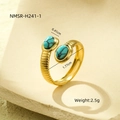 Anello a fascia in acciaio inossidabile dorato con doppie pietre turchesi ovali e coste - Taglia unica / Blu