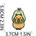 Detailed view of capybara avocado embroidery patch with size measurements in cm and inches - Avocado Shape