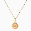 Detailed view of bohemian gold sun pendant necklace with vibrant multicolor beads - Pink Sun