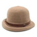 Detail of khaki knit bowler hat featuring a brown leather band and antique metal buckle - M (56-58cm) / Brown