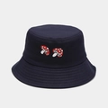 Detail of navy cotton bucket hat featuring twin red mushroom embroidery and stitched brim - M (56-58cm) / Navy Blue