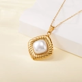 Golden necklace featuring a square pendant with rope texture and white pearl inlay - Twisted Rope Square Pearl Style (137615)