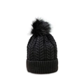 Close-up of black cable knit beanie with faux fur pom pom and ribbed folded brim - M (56-58cm) / Black