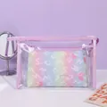 Detail of purple transparent PVC makeup bag with dimensions 24x7x16cm and mesh insert - 24x16x7cm
