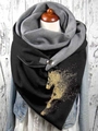 Women warm scarf with gray and black patchwork, gold horse print and metal buckle closure - 12-Gold Horse