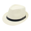 Κομψό καπέλο Trilby Panama σε λευκό χρώμα με αξεσουάρ μαύρη δερμάτινη ζώνη στυλ - M(56-58cm) / Ανοιχτό Μπεζ
