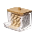 Detail view of acrylic cotton swab holder with bamboo lid and bottom dispenser opening - Standard Cotton Swab Box with Bamboo Lid