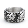 Bague vintage en acier inoxydable argenté avec relief de carpe koï et motifs gravés fins - US 7 / Argenté