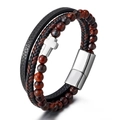 Men's multilayer leather bracelet with brown tiger eye beads and silver cross charm - Red Tiger Eye + White Cross
