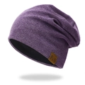 Detail view of purple knitted slouchy beanie with F&S leather patch and black lining - Standard / Purple