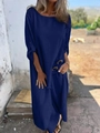 Detail of dark blue loose dress featuring functional pockets and button design - S / Navy Blue
