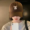 Retro brown baseball cap featuring a French Bulldog embroidery and a wide brim for women - Adjustable / Coffee/French Bulldog Embroidery