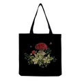 Close-up of embroidered red mushroom, flowers, and bees on black canvas tote bag - Black Base Exquisite Mushroom & Floral (hm0508)
