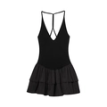 Minivestido negro sin mangas con cuello halter, bajo con volantes en capas y tiras cruzadas - S / Negro
